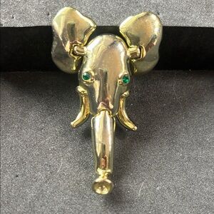 Articulated Elephant Head Brooch with Green Eyes 2.5”